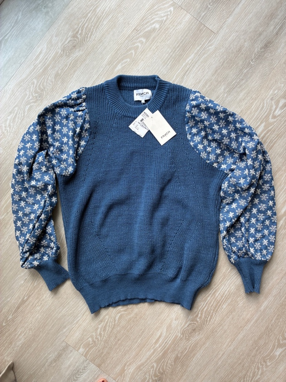 FRNCH Navy Blue Crewneck Sweater with Floral Puff Sleeves